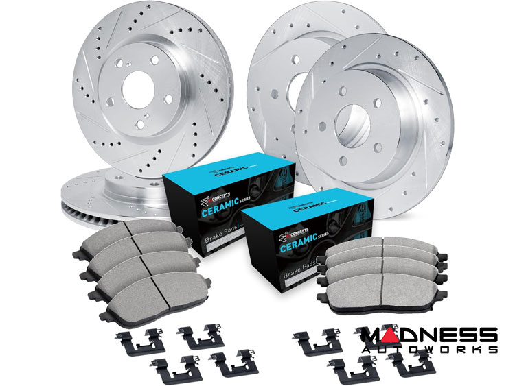 Jeep Renegade Brake Kit - Front + Rear - R1 Concepts - Ceramic Brake Pads - eLINE Drilled + Slotted Rotors